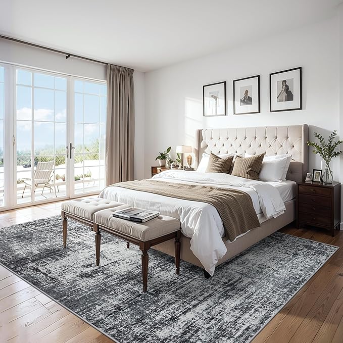 Area Rugs 10x12 Living Room - Washable Rug Modern Abstract Soft Large Neutral Non-Slip Carpet Indoor Floor Thin Carpets for Bedroom Dining Room Farmhouse Nursery Home Office Dark Black