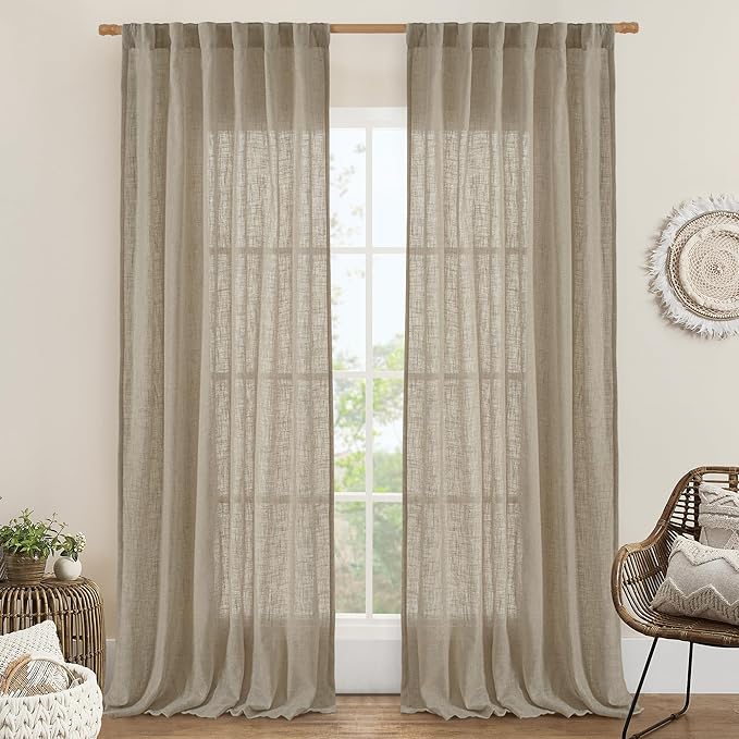 LAMIT Taupe Linen Curtains for Living Room 84 inch Length 2 Panels, Light Filtering Semi Sheer Curtains Back Tab and Rod Pocket Farmhouse Drapes for Bedroom/Sliding Glass Door, 52 x 84 Inch