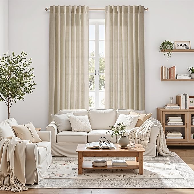 Nanspring Eggshell Beige Linen Curtains 84 Inches Long for Living Room Light Filtering Semi Sheer Curtain Back Tab Rustic Coastal Decor Elegant Neutral Luxury Drapes for Bedroom 52x84, 2 Panels