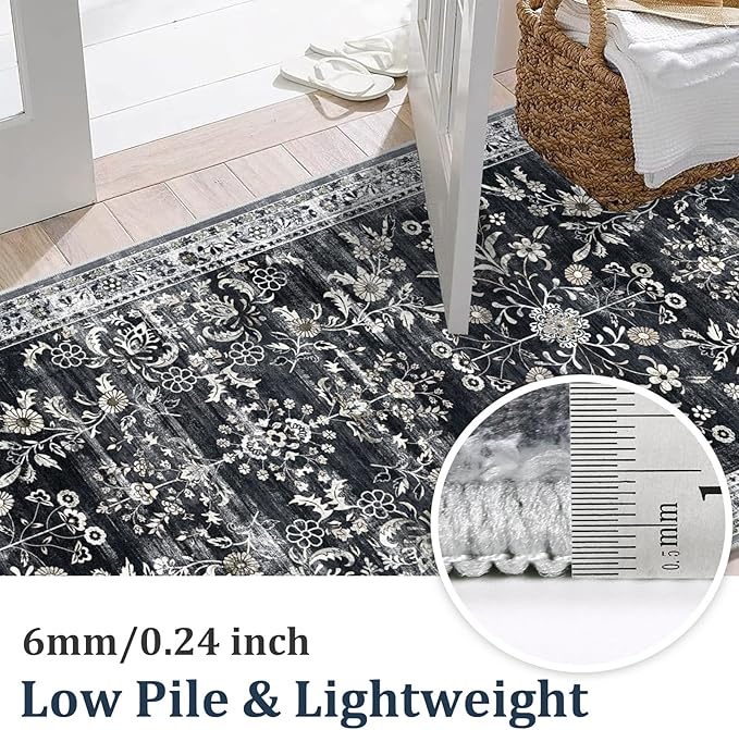 Yamaziot Washable Runner Rug 2x6 – Non Slip Boho Floral Hallway Runner Rug with Rubber Backing,Low Pile Faux Wool Distressed Carpet for Kitchen, Laundry, Bedroom, Entrance, Navy/Black