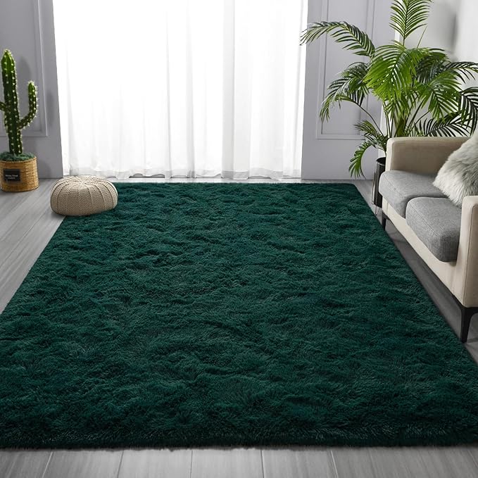 Deerhoo Large Shag Area Rugs 9 x 12, Plush Fuzzy Rugs for Living Room, Ultra Soft Fluffy Furry Rug for Bedroom, Indoor Carpet Nursery Rugs for Kids Room Home Decor, Dark Green