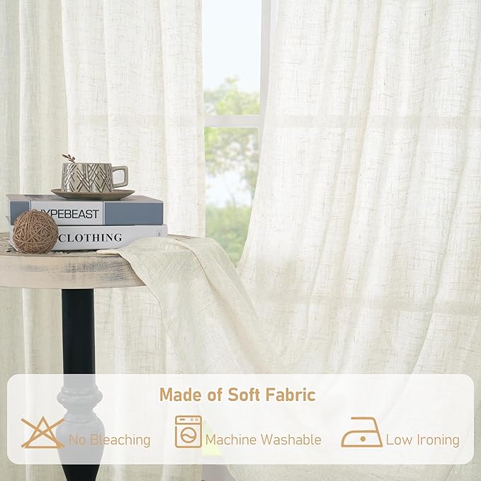 LAMIT Semi Sheer Cream Linen Curtains 36 Inch Length 2 Panels, Light Filtering Panels Back Tab and Rod Pocket Neutral Drapes for Bathroom/Kitchen/Loft Room, 25 x 36 Inch