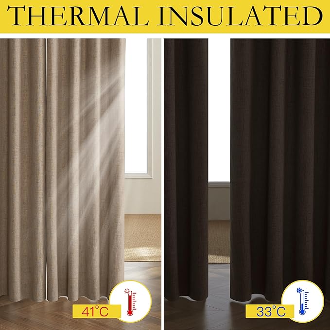 NICETOWN Burlap Vintage Open Linen Weave Flax Thermal Curtains, 100% Blackout Curtains 63" Long for Dining Room, Soundproof Window Treatment Drapes for Hall Room, 52" Wide Per Panel, Set of 2