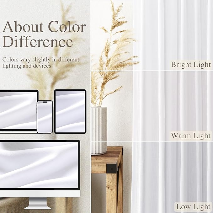 Snow White Linen 120 Inch Curtains for Living Room Light Filtering Semi Sheer Curtain Back Tab Luxury Neutral Coastal Modern Farmhouse Decor Floor to Ceiling High Window for Bedroom 52x120,2 Panels