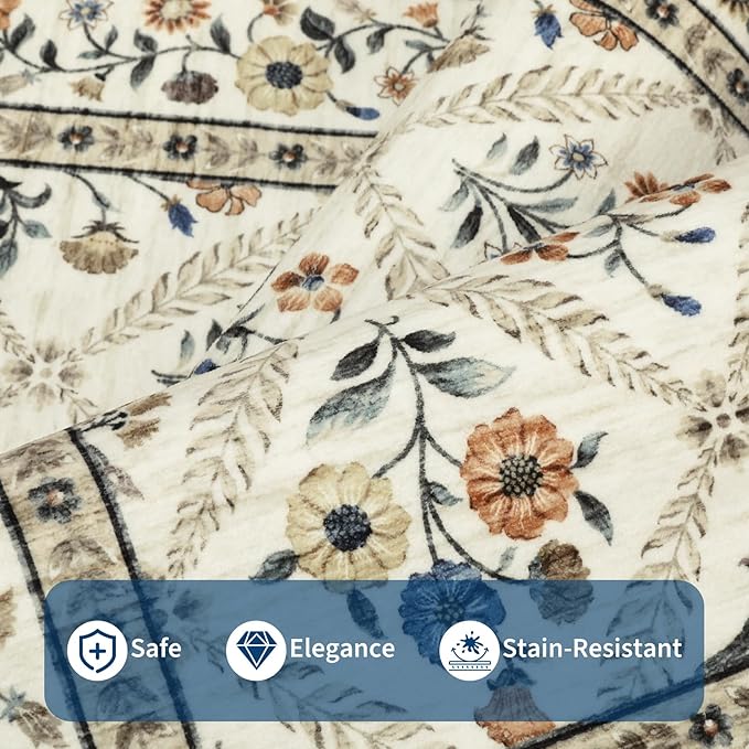 GarveeHome Living Room Rug 5x7 Rug Machine Washable Stain Resistant Area Rug Non Slip Floral Vintage Low Pile Rugs for Living Room, Bedroom, Farmhouse, Dining Room, Kids PlayroomBeige Sand