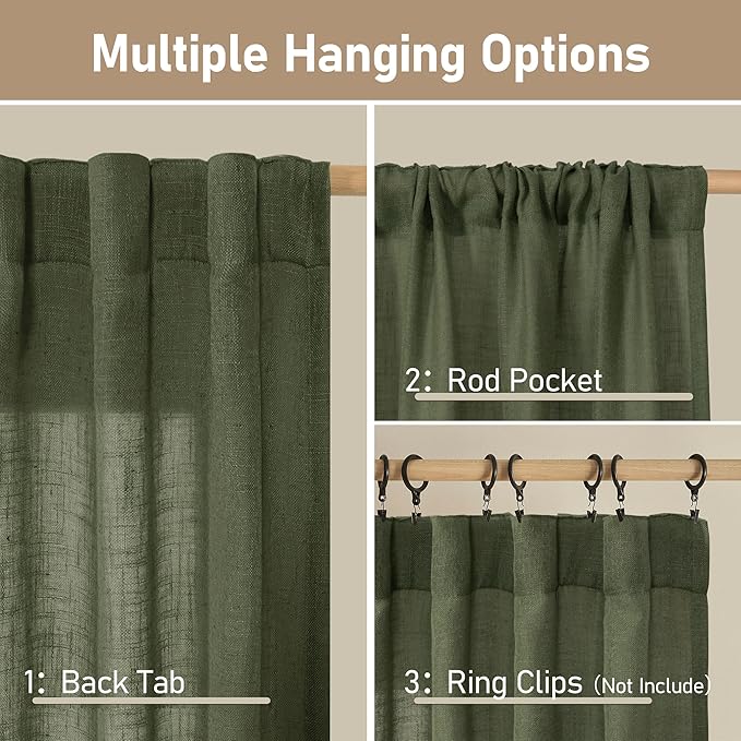 LAMIT Semi Sheer Short Linen Curtains 36 Inch Length 2 Panels, Light Filtering Panels Back Tab and Rod Pocket Neutral Drapes for Kitchen/Loft Room, Olive Green, 25 x 36 Inch