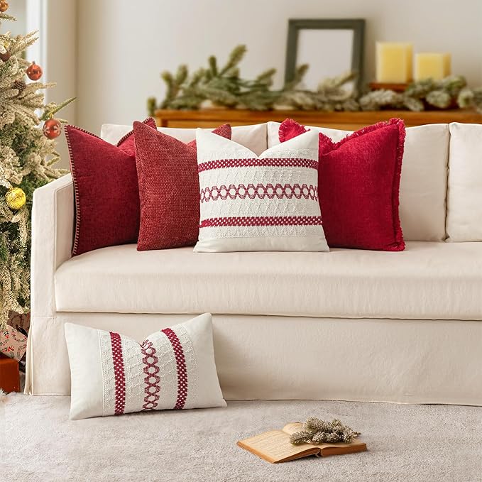 MIULEE Pack of 2 Christmas Pillow Covers 24x24 Inch Red Farmhouse Decorative Throw Pillow Covers with Stitched Edge Soft Chenille Solid Dyed Couch Pillow Covers for Sofa Bed Living Room