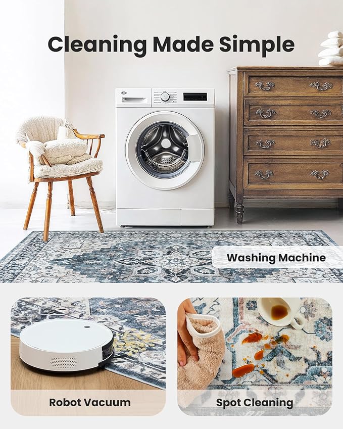 AMADA HOMEFURNISHING Round 5ft Area Rugs, Low-Profile Washable Rug with Non-Slip Backing & Durable Edge Binding, Vintage Rugs for Living Room, Bedroom, Dinning Room