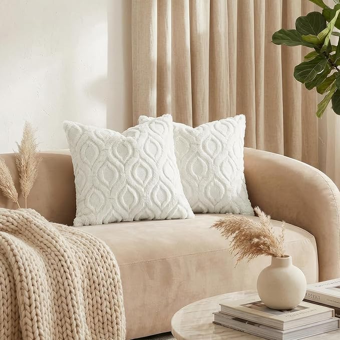 decorUhome Throw Pillow Covers 22x22 Inch Set of 2, Soft Plush Faux Wool Cream White Solid Couch Pillow Covers, Accent Euro Sham Farmhouse Neutral Square Pillow Cases for Sofa Bed Living Room