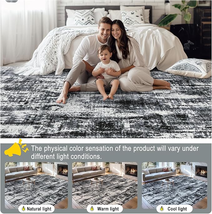 Area Rugs Living Room Rug - 4x6 Washable Modern Abstract Soft Neutral Non-Slip Carpet Large Indoor Floor Thin Carpets for Bedroom Dining Room Farmhouse Nursery Home Office Black