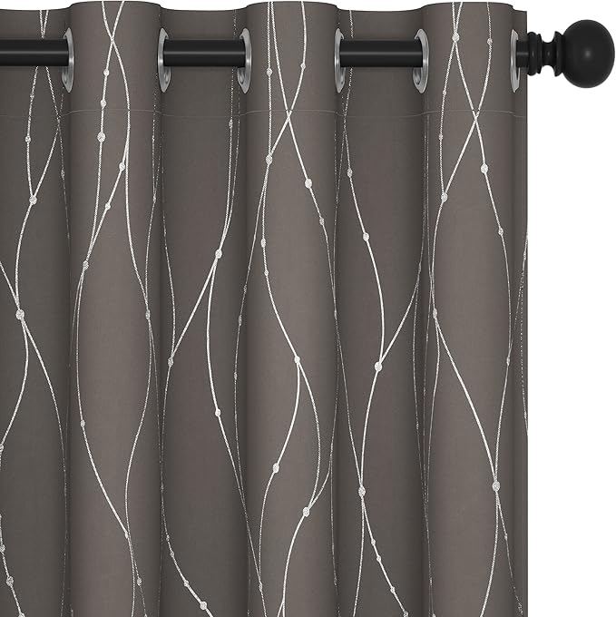 Deconovo Blackout Curtains, Thermal Insulated Soundproof Grommet Drapes, Wave Dots Silver Print, 52 x 63 Inch, Set of 2, Machine Washable Window Panel for Kitchen Bedroom Living Room Nursery, Taupe