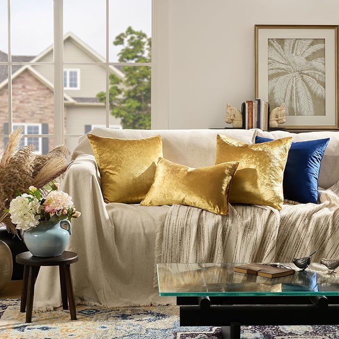 GIGIZAZA Gold Velvet Pillow Covers 26x26, Pack of 2 Throw Pillows Square Covers Modern Decorative Big Pillows Cases for Living Room Couch Vintage Cushion Covers