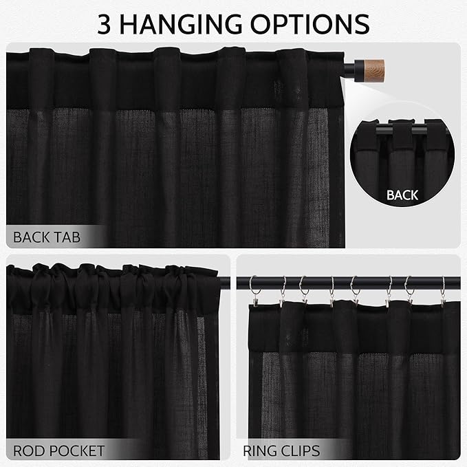 Vintage Black Linen Curtains for Living Room 72 Inches Long Light Filtering Semi Sheer Curtain Back Tab and Rod Pocket Privacy Luxury Gothic Vintage Decor Drapes for Bedroom Office 52x72, 2 Panels