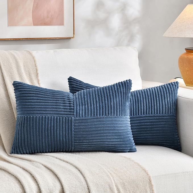 Fancy Homi 2 Packs Dusty Blue Lumbar Decorative Throw Pillow Covers 20x28 Inch for Couch Bed Sofa, Rustic Farmhouse Boho Home Decor, Soft Striped Corduroy Rectangle Accent Cushion Case 50x70 cm