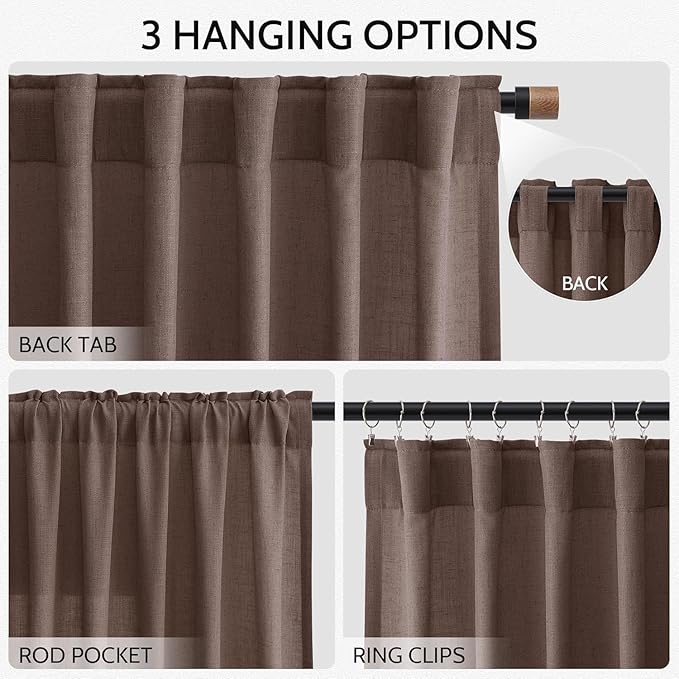 Cappuccino Linen Curtains for Living Room 126 Inches Long Light Filtering Semi Sheer Curtain Back Tab Modern Rustic Home Decor Neutral Drapes Floor to Ceiling High Window for Bedroom 52x126, 2 Panels
