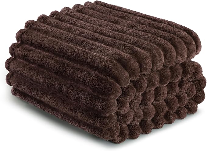 Exclusivo Mezcla Twin Size Flannel Fleece Blanket, Super Soft Striped Jacquard Bed Blanket, Lightweight Fuzzy Cozy for All Seasons, 60x80 Inches, Coffee