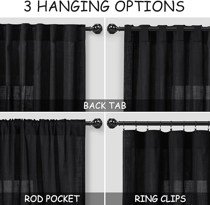 Linen Black Curtains 135 inch Extra Long for Living Room Back Tab Light Filtering Semi Sheer Drapes Modern Farmhouse Coastal Decor Cotton Textured Curtain for Floor to Ceiling High Window 52x135