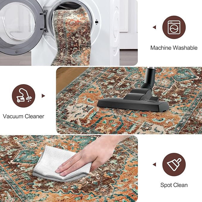 Yamaziot Washable Area Rug for Bedroom, 3x5 Non-Slip Boho Vintage Living Room Rug with Rubber Backing, Low Pile Faux Wool Soft Distressed Rug Floor Carpet for Living Room, Laundry, Kid Playroom