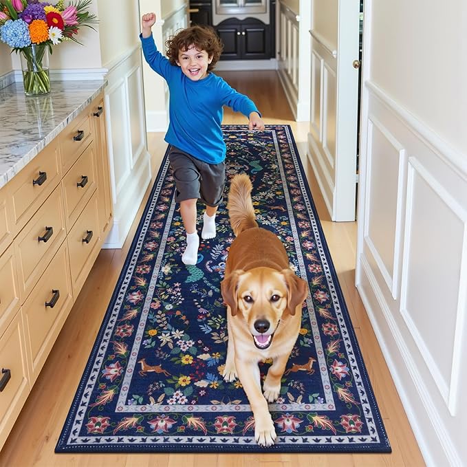 HEBE Washable Hallway Runner Rug 2'x 6' Non Slip Kitchen Rugs Runner,Low Pile Entryway Rug Laundry Room Mat Floral Carpet Runners for Hallways, Kitchen,Bathroom,Laundry,Bedside Rug