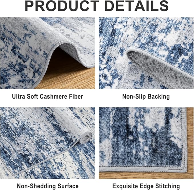 Area Rugs 10x12 Living Room - Washable Rug Modern Abstract Soft Large Neutral Non-Slip Carpet Indoor Floor Thin Carpets for Bedroom Dining Room Farmhouse Nursery Home Office Blue Gray