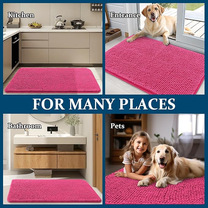 OLANLY Dog Door Mat for Muddy Paws 70x46, Absorbs Moisture and Dirt, Absorbent Non-Slip Washable Doormat, Quick Dry Chenille Mud Mat for Dogs, Entry Indoor Entryway Carpet for Inside Floor, Hot Pink