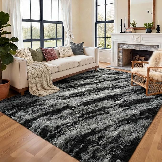 8x10 Ft Extra Large Shag Rugs for Living Room, Ultra Soft Fluffy Furry Area Rugs for Bedroom Indoor Floor, Aesthetic Carpet for Kids Home Decor (Black)