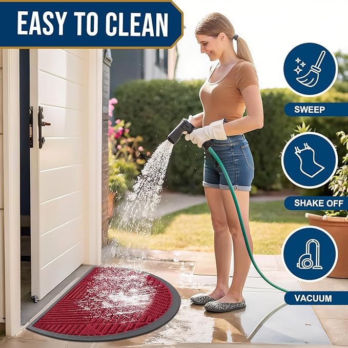 Smiry Half Circle Front Door Mat Outside Entrance, Heavy Duty Sturdy Natural Rubber Doormat, Trap Dirt and Moisture, Low Profile Mats for Indoor Outdoor Entry, Irregular Triangle (35x23, Wine Red)