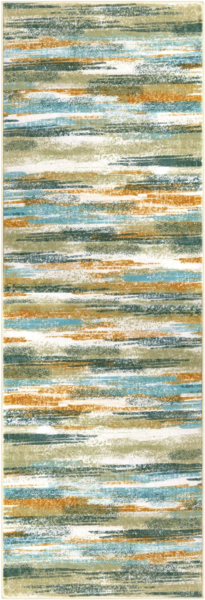 Lansny Modern Abstract Runner Rug 2.6x14, Green Mustard Multi Washable Long Kitchen Runner Non-Slip Soft Hallway Rug Runner Thin Print Faux Wool Carpet for Entryway Bedroom Laundry Room Indoor