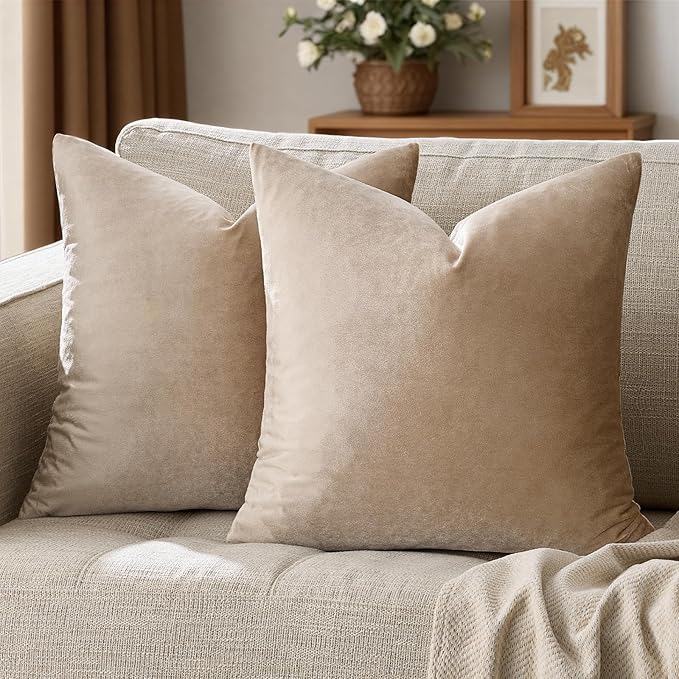 GIGIZAZA Decorative Throw Pillow Covers 16x16,Set of 2 Taupe Square Couch Pillow Covers,Velvet Sofa Boho Cushion Pillows