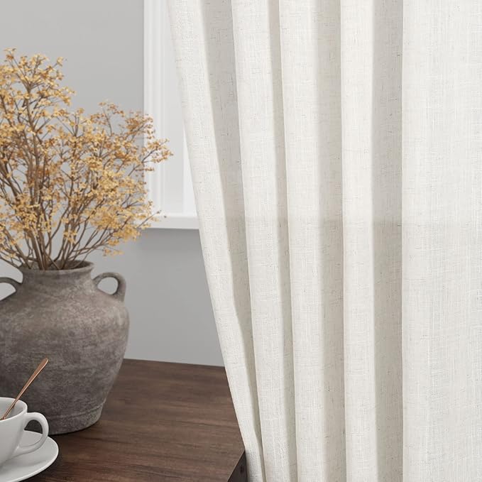 Nanspring Extra Long Curtains 2 Panels 116 Inches Long for Dinning Room Cream Back Tab Rod Pocket Light Filtering Semi Sheer Drapes Cotton Linen Textured Window Curtain for Bedroom 52x116