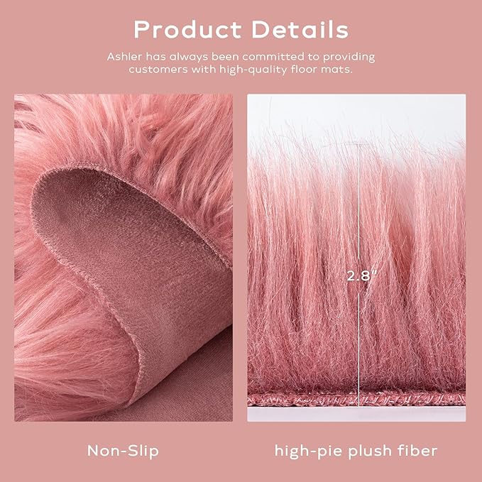Ashler Faux Fur Rug, Fluffy Shaggy Area Rug Ultra Soft 2 x 6 Feet Sheepskin, Blush Pink Fuzzy Rug Machine Washable Shag Rug, Nursery Decor Throw Rugs for Bedroom, Kids Room, Living Room