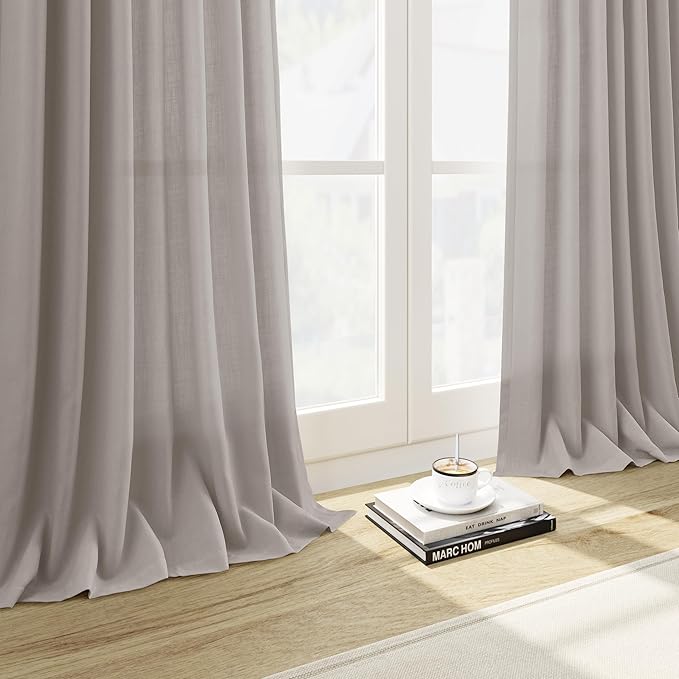 Nanspring Stone Grey Linen Curtains 90 Inches Long for Living Room Simple Modern Light Filtering Semi Sheer Curtain Back Tab and Rod Pocket Neutral Luxury Drapes for Bedroom Office 52x90, 2 Panels