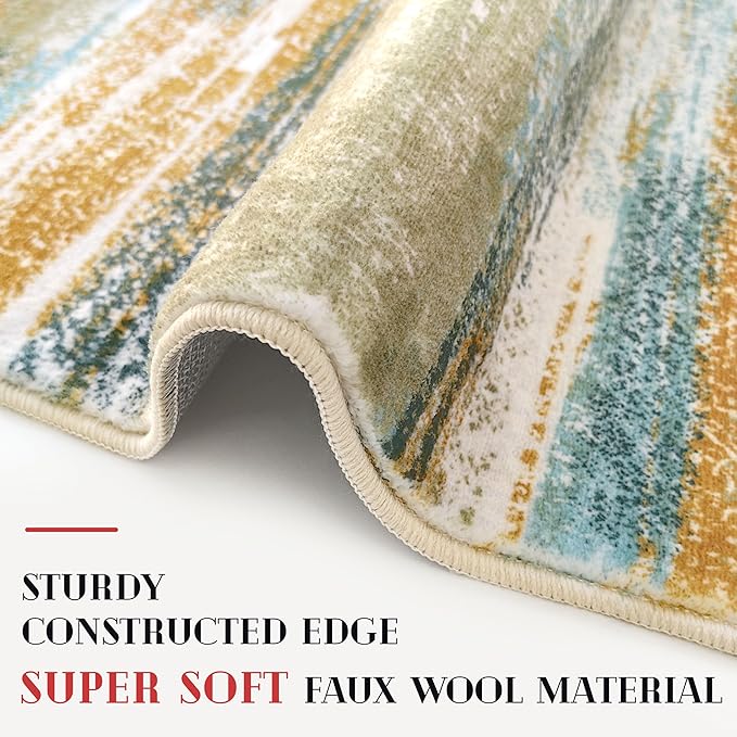 Lansny Modern Abstract Runner Rug 2.6x12, Green Mustard Multi Washable Long Kitchen Runner Non-Slip Soft Hallway Rug Runner Thin Print Faux Wool Carpet for Entryway Bedroom Laundry Room Indoor