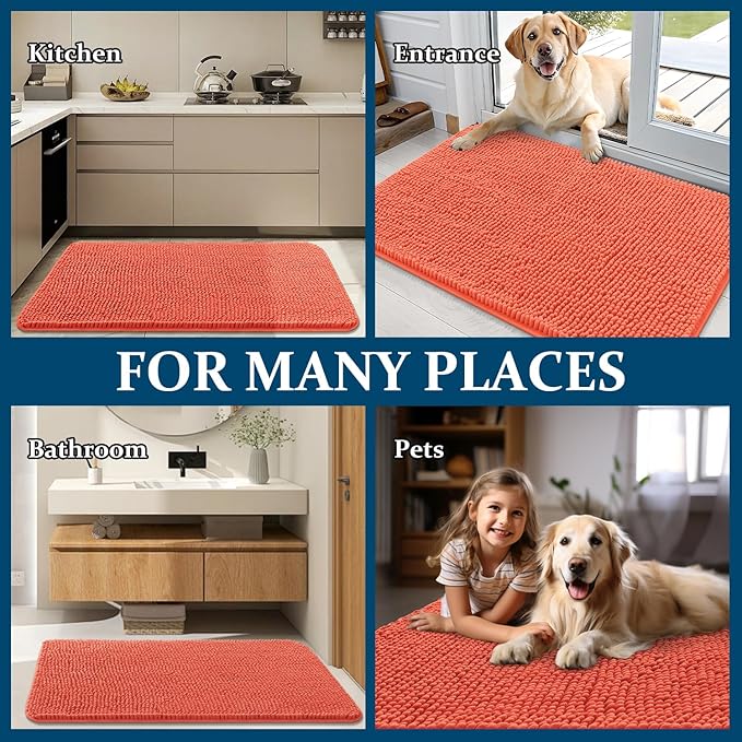 OLANLY Dog Door Mat for Muddy Paws 44x32, Absorbs Moisture and Dirt, Absorbent Non-Slip Washable Doormat, Quick Dry Chenille Mud Mat for Dogs, Entry Indoor Entryway Carpet for Inside Floor, Coral