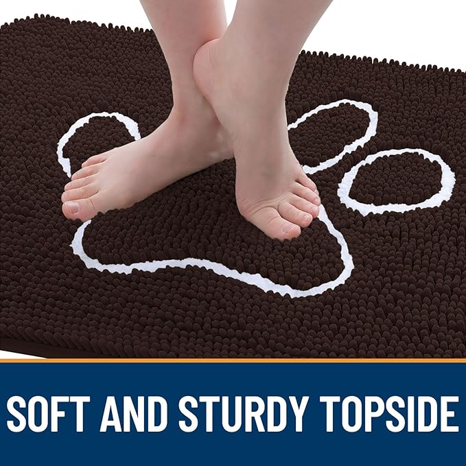 OLANLY Dog Door Mat for Muddy Paws 44x24, Paw Print Design, Absorbs Moisture and Dirt, Absorbent Non-Slip Washable Doormat, Quick Dry Chenille Mud Mat for Dogs, Entry Indoor Entryway Carpet, Brown