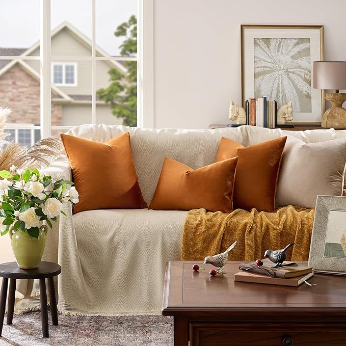 GIGIZAZA Dark Burnt Orange Pillow Covers 16x16 Throw Pillows Velvet Decorative Sofa Couch Pillow Covers Bedroom Cushion Pillowcase