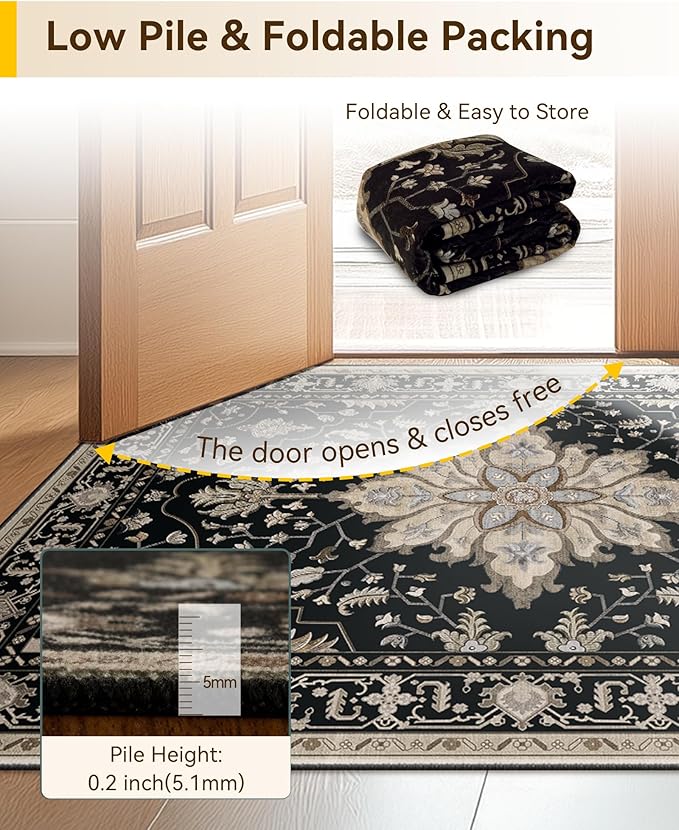 Area Rugs 2'x9' Runner Rug Non Slip Washable for Kitchen Hallway Bedroom Beside Laundry Room Bathroom Rug, Floor Carpet, Black Brown Neutral Dark Tan
