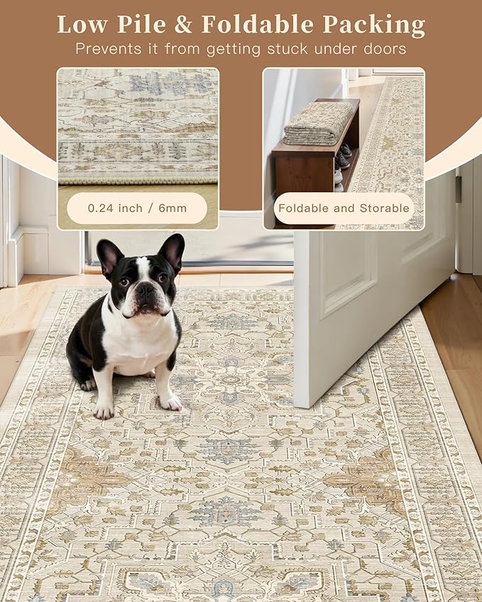 Madane 3x20 Hallway Runner Rug - Extra Long Carpet Runners for Hallways 20ft Non Slip Stain Resistant Rugs Runner for Living Room Bedroom 20 Feet Distressed Floor Carpet for Kitchen, Beige/Blue