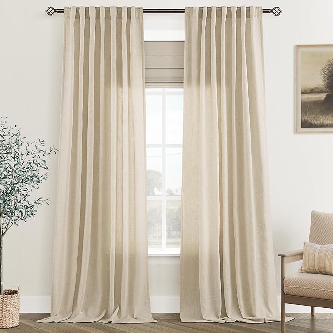 Greyish Beige Linen Curtain 84 inch Length 2 Panels Set Back Tab Light Filtering Living Room Curtain Drapes Home Office Modern Minimalist Decor Farmhouse Boho Neutral Semi Sheer Curtain 84 inch Long