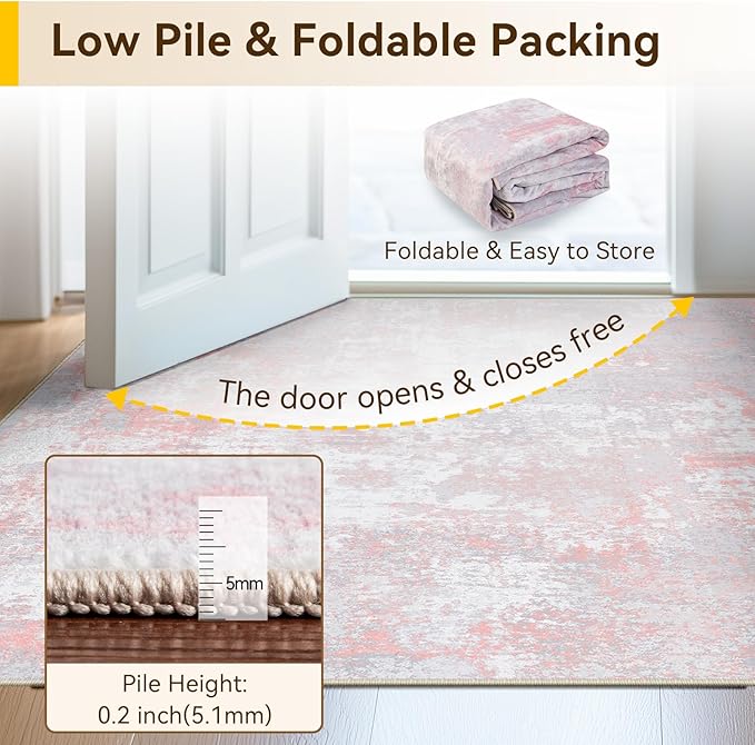 Washable Area Rugs 4'x5' Non-Slip Modern Abstract Soft for Living Room Entryway Bedroom Nursery, Print Pattern, Grey Pink