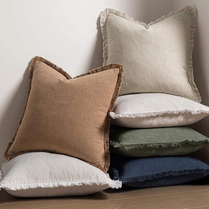 MIULEE Decorative Throw Pillow Covers Neutral Linen Fringe Throw Pillows Set of 2 Light Olive Green Boho Farmhouse Cushion Covers for Couch Sofa Bed Living Room Spring Home Decor 20x20 Inch