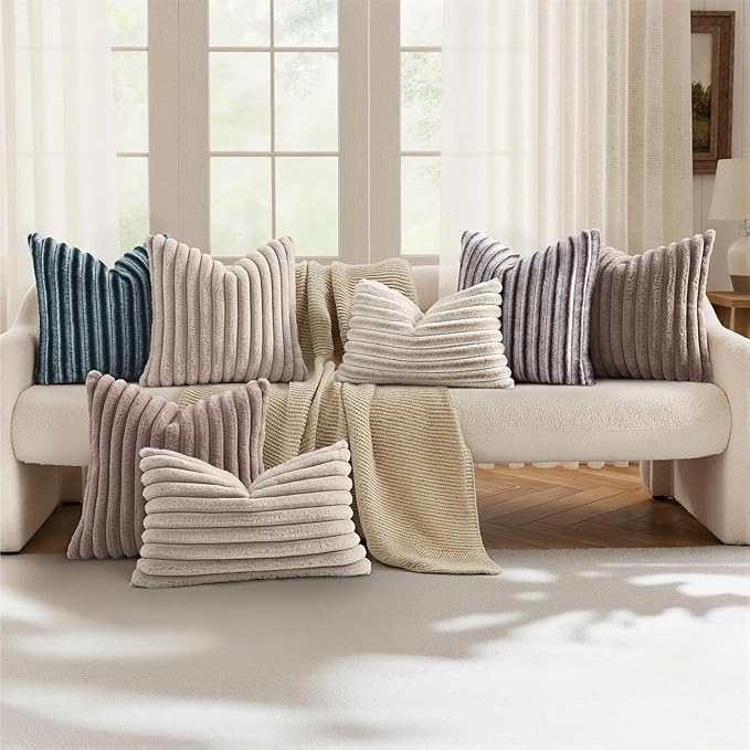 decorUhome Cozy Faux Fur Throw Pillow Covers 12x20 Set of 2 Decorative Soft Plush Striped Lumbar Modern Farmhouse Boho Couch Pillow Cases with Velvet Back for Sofa Bed Living Room, Tan