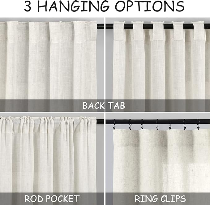 Extra Long Curtains 120 inch Length 2 Panels Back Tab Neutral Farmhouse Drapes Light Filtering Semi Sheer Linen Curtain 120 inches Long for Floor to Ceiling Window Patio Sliding Door Cream 10 FT