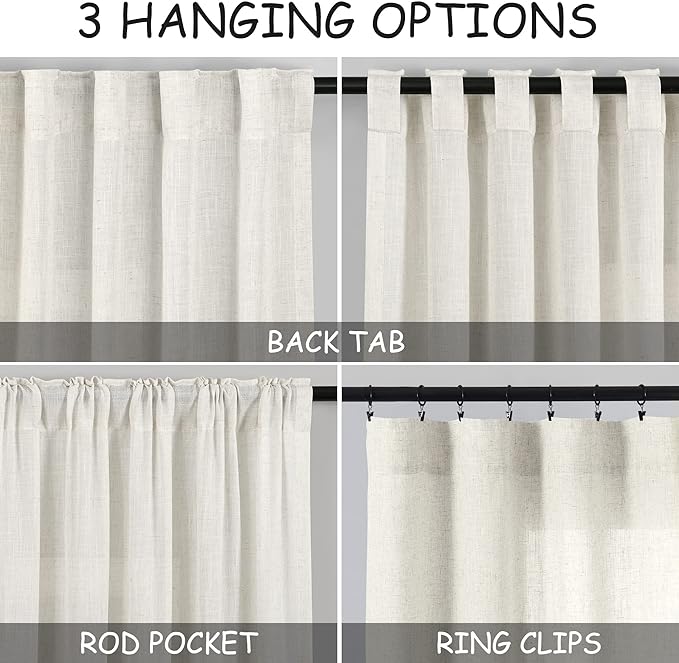 Nanspring Cream Linen Back Tab Rod Pocket Curtains 52 Inch Length for Small Windows 2 Panels Set Privacy Semi Sheer Neutral Modern Farmhouse Window Curtain Linen Drapes Rustic Curtain Natural 52x52