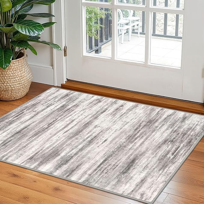 KOZYFLY Modern Abstract Small Area Rugs 2x3, Washable Kitchen Rug Non-Slip Soft Small Bathroom Rug, Grey/Light Beige/Brown Striped Entryway Rugs Abstract Print Faux Wool Doormat