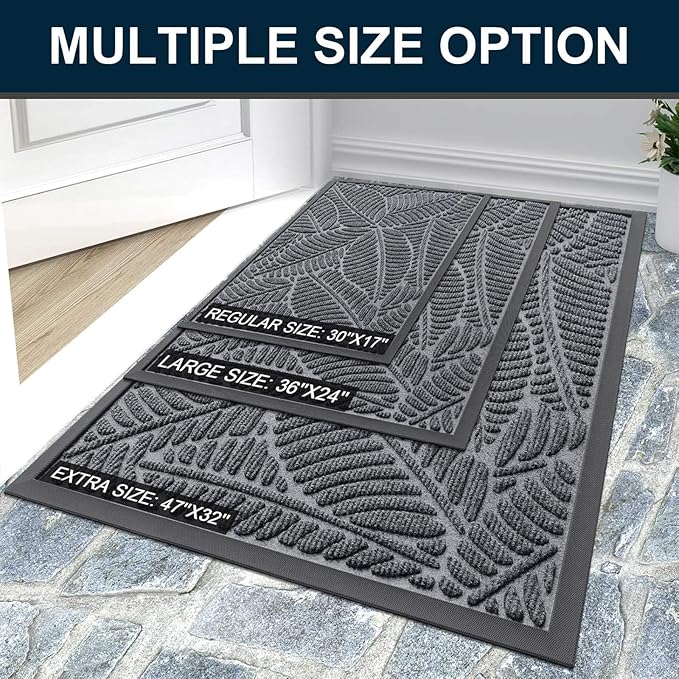 Colorxy Waterproof Doormat, Sturdy Natural Rubber Front Indoor Mat, Non Slip Low Profile Indoor Outdoor Door Mats, Stain and Fade Resistant Floor Mat, Easy Clean Patio Entrance Mat, 30''x17'', Grey