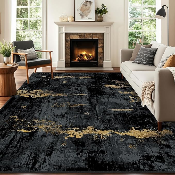 Washable Area Rugs 7'x9' Non-Slip Modern Abstract Soft for Living Room Entryway Bedroom Nursery, Print Pattern, Dark Black Gold