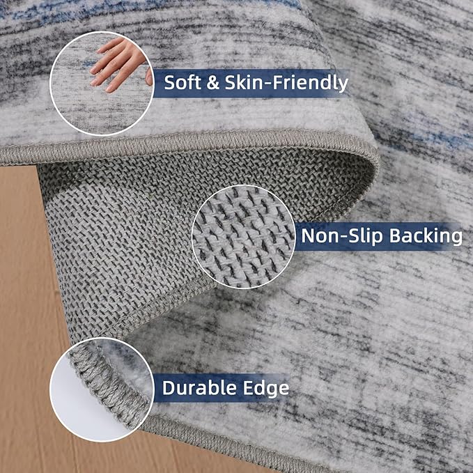 2x5 Washable Runner Rugs，Modern Abstract Rug Runner,Ultra-Thin Kitchen Runner Rug Non-Slip Backing Entryway Runners,Bathroom Carpet for Hallways,Bedroom，Laundry Room（Blue/Grey,2' x 5' ）