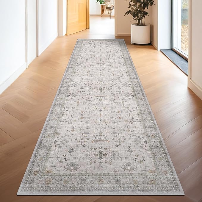 Hazo Haus Geometric 3x20 Wide Hallway Runner - Light Gray with Taupe Accent, Boho Floral Pastel Decor, Washable Low Pile Non Slip Stain Resistant Rug for Long Kitchen, Hall Way