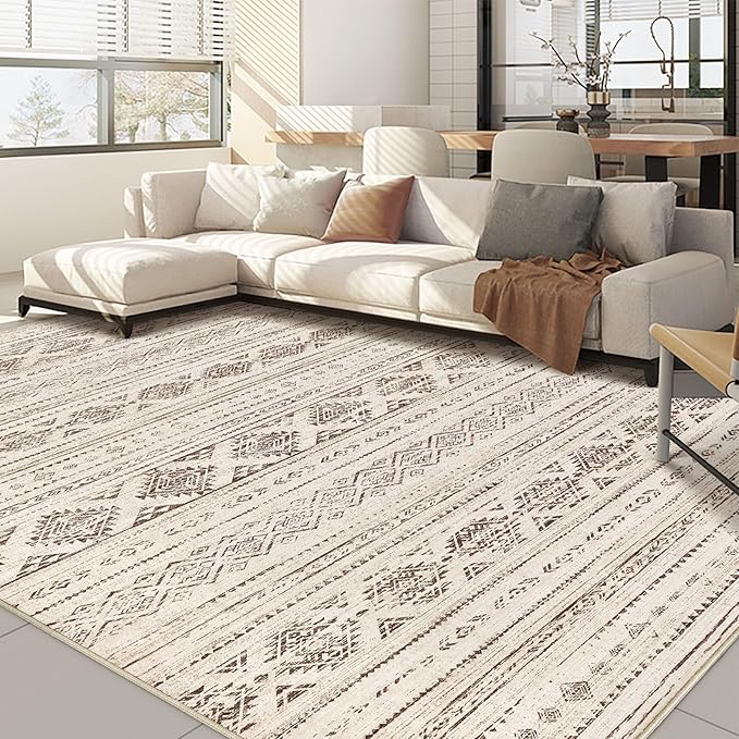 Nakagishi 7x9 Area Rug Living Room: Washable Boho Large Neutral Soft Farmhouse Modern Rugs Stain Resistant Moroccan Non-Slip Indoor Carpet for Bedroom Nursery Kids Office Dining Room- Dark Brown